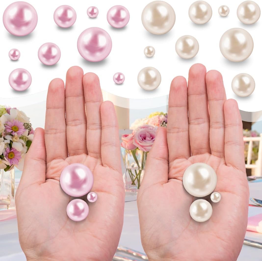 150Pcs Cream&Pink Polished No Hole Faux Pearl Beads for Vase Filling Decorations, Plastic Pearls Vase Fillers, Table Scatters, Wedding Centerpiece, Home Decor, 8/14/20 mm