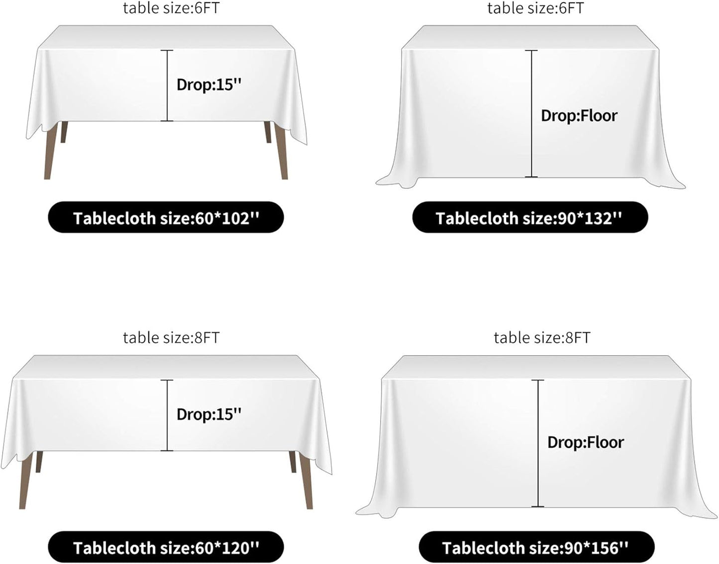 Ascoza 2pack 90x132 Inch White Rectangular Tablecloth 8 Feet Table Cloth in Polyester Fabric for Wedding/Banquet/Restaurant/Parties