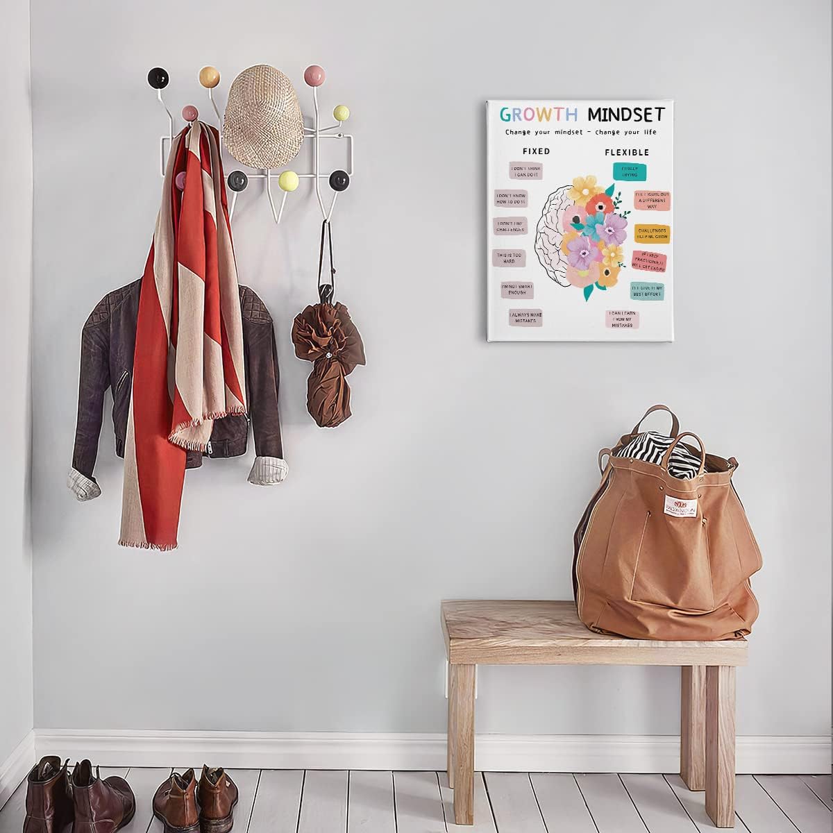 PHAMTE Mental Health Change Your Mindset Change Your Life Wall Art,Growth Mindset Flower Brain Art Print Framed Canvas Painting Artwork for Counselor Office Therapy Office Decor(11x14 Inch)