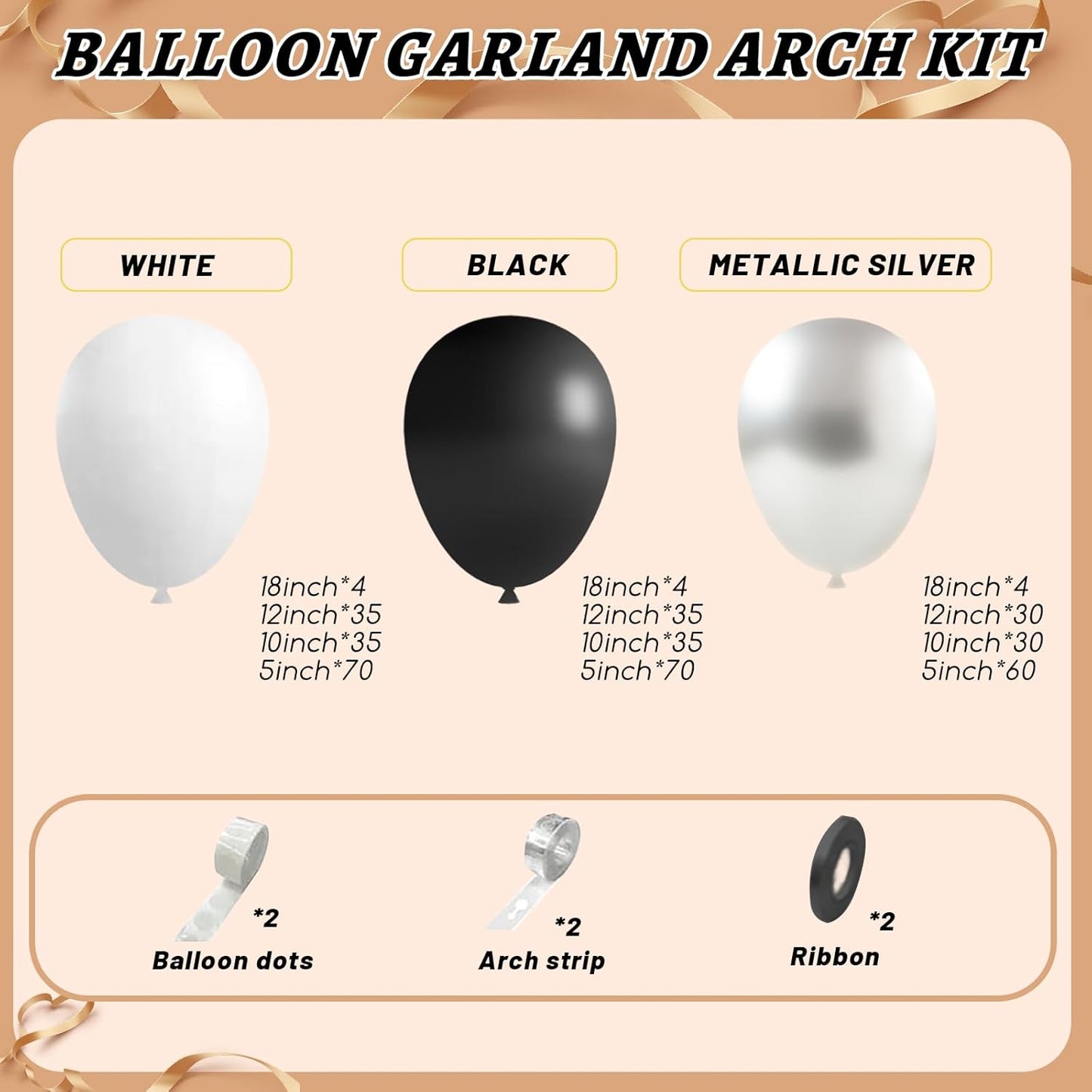 412Pcs Black and Silver White Balloon Arch Kit, 18 12 10 5 Inch Different Size Black and Silver White Balloons for Graduation Birthday Wedding Party Decorations