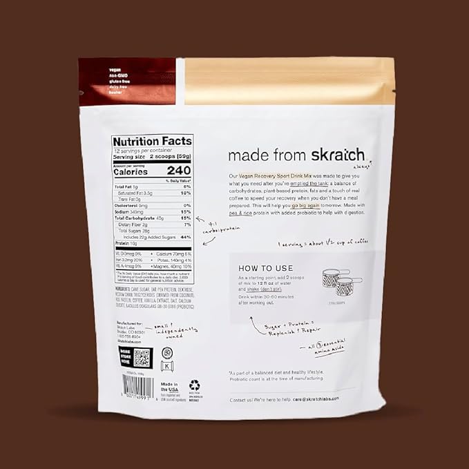 Skratch Labs Recovery Drink Mix - Oat Milk Latte - Post Workout Powder - Complete Plant Protein and Probiotics - 56mg of Caffeine from Coffee - 12 Servings - Gluten Free, Kosher, Non-GMO