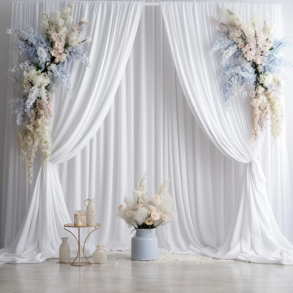 10ftx12ft Wrinkle Free White Backdrop Curtain, 8 Panels 12FT Height White Wedding Backdrop Drapes, Silky Polyester Back Drop Cloth for Birthday Photography Background Party Backdrop Draping