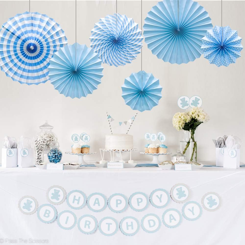 Hanging Paper Fans Party Set, Round Pattern Paper Garlands Decoration for Birthday Baby Boy Shower Graduation Bachelorette, Set of 6 (Blue)