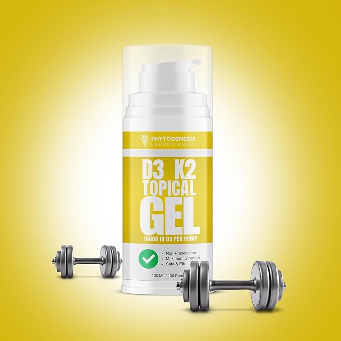 Vitamin D3 K2 Maximum Strength Topical Gel - 15000+ IU Per Pump - The Sunshine Vitamin - Supports Bone & Joint Health, Immune Support - One Month Supply