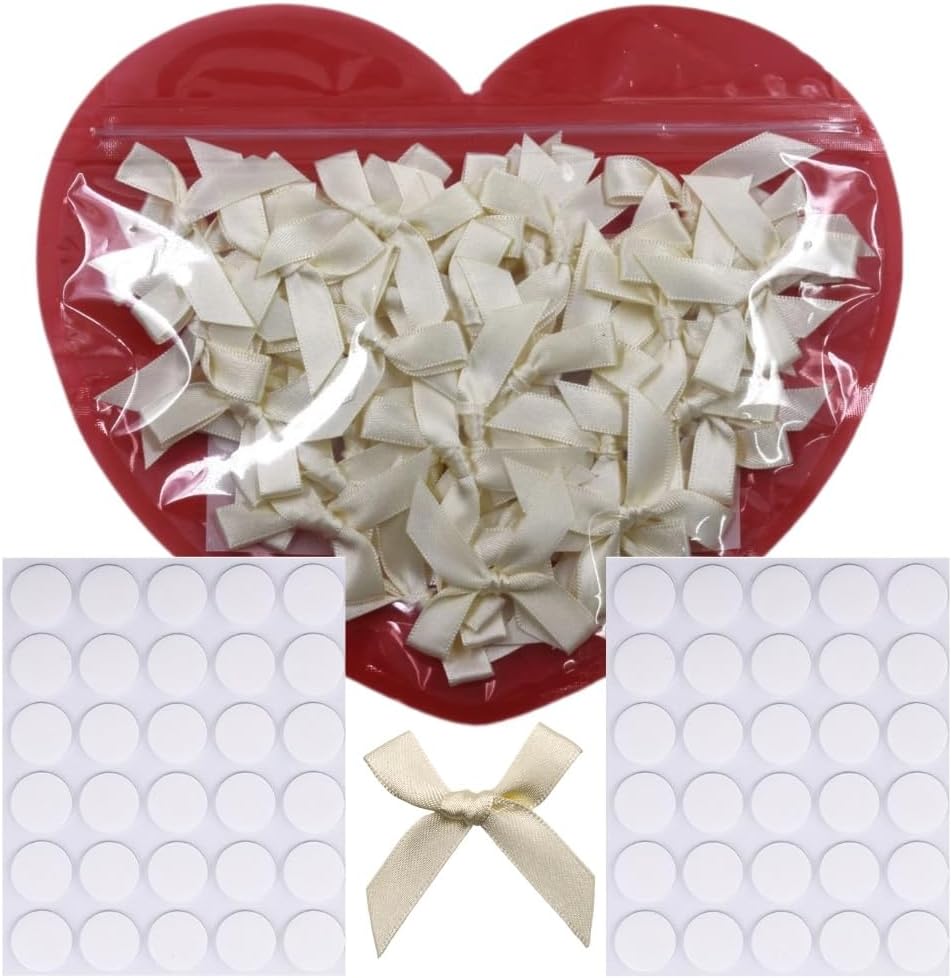 60pcs 1.7" Mini Ivory Ribbon Bows Decor – Small DIY Cream Satin Bows for Crafts, Little Bows for Gift Wrapping, Tiny Bow Stickers for Note Card Bow Baby Shower Cake and Candle Decorations