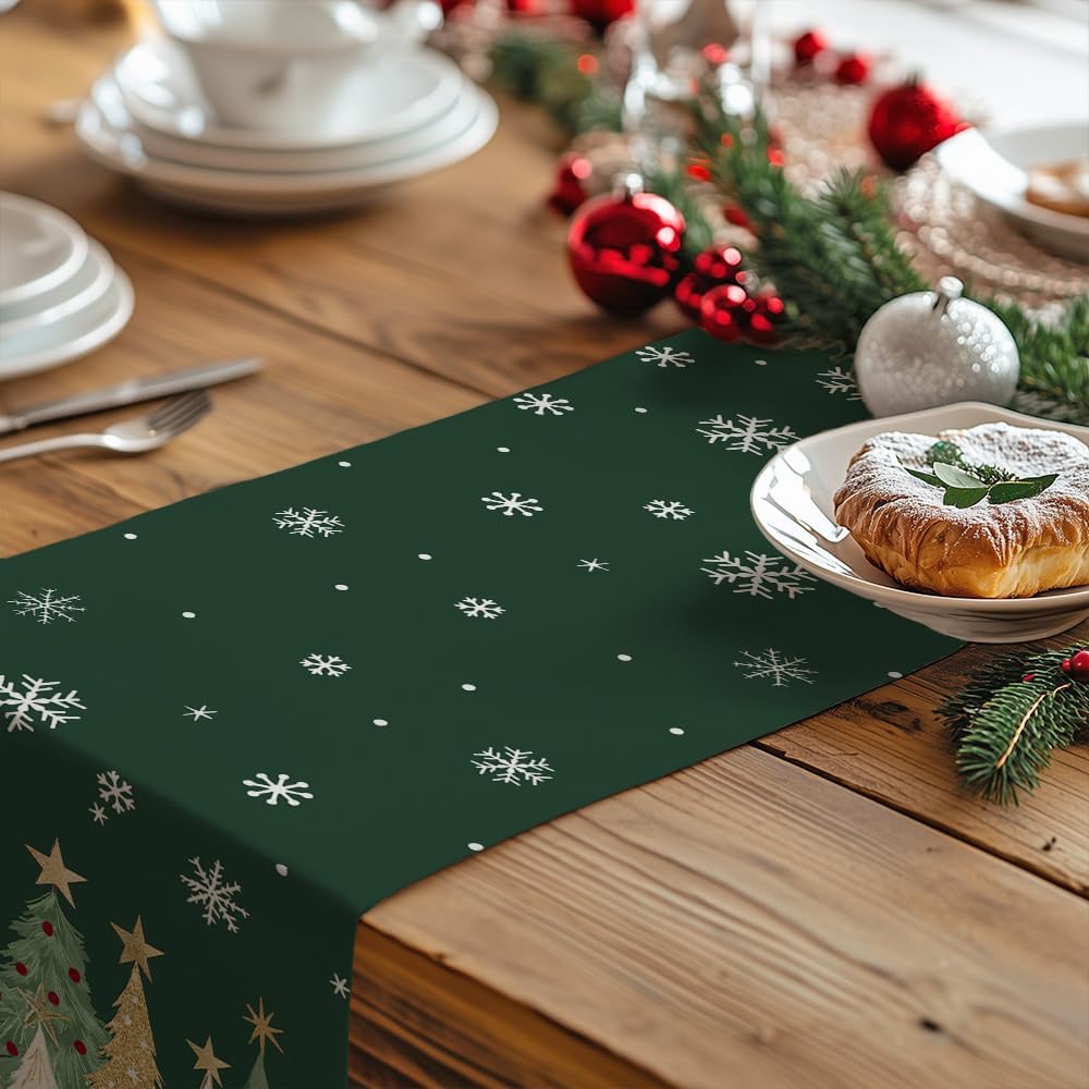 GEEORY Christmas Table Runner 13x120 Inch, Xmas Trees Snowflakes Holiday Decorative Farmhouse Table Decoration for Kitchen Dinning, Indoor Outdoor Dinner Party Decor (Green) GT152-120
