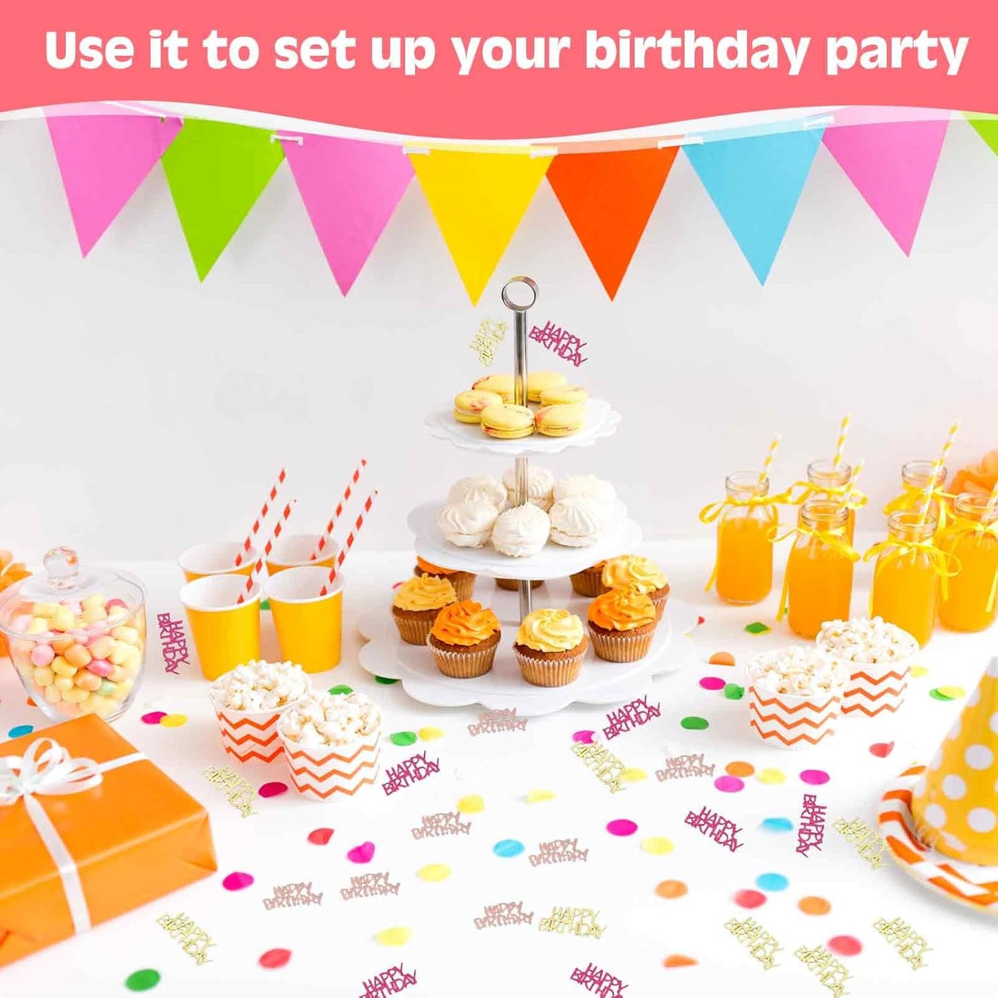 560 PCS Glitter Happy Birthday Confetti, Rose Gold Table Decorations, Iridescent Metallic Foil for DIY Crafts Festive Table Decoration