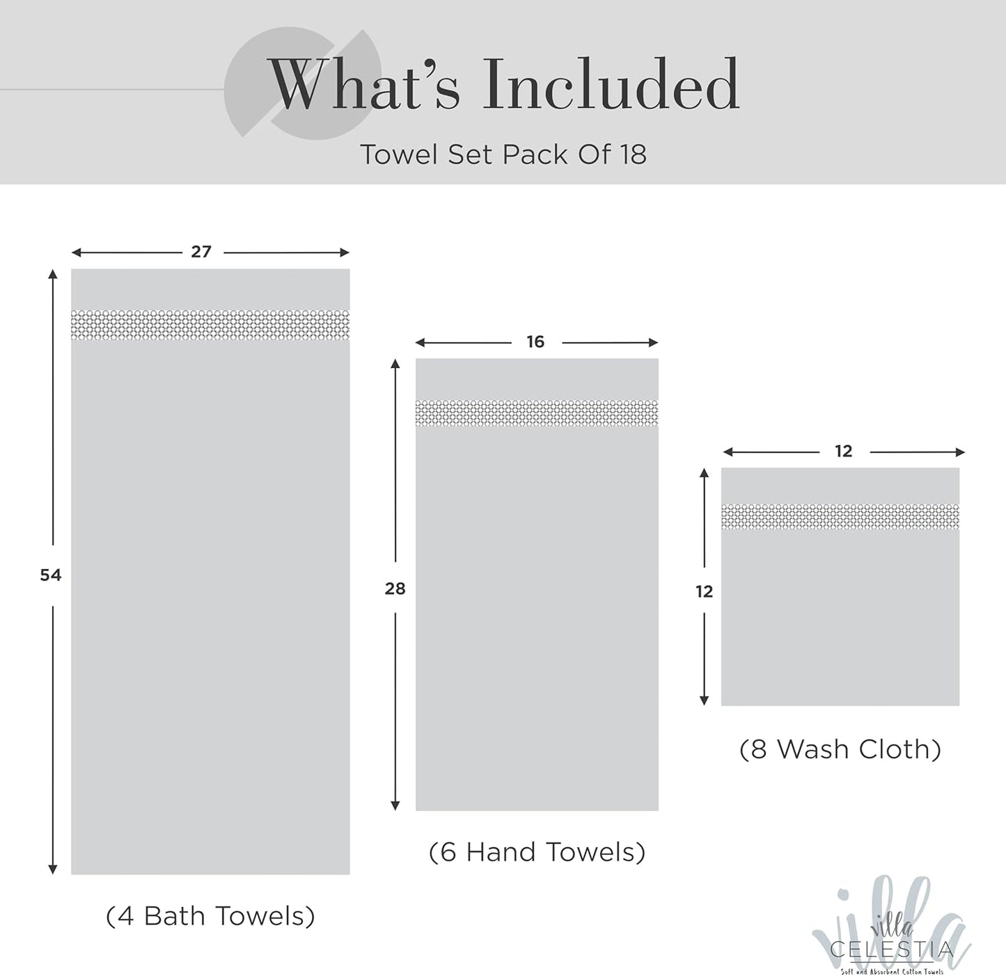 100% Cotton Bath Towel Set of 18-4 Bath Towels, 6 Hand Towels, 8 Wash Cloths, Sustainable, Soft, Highly Absorbent, Combed Cotton 18 Piece Set for Hotels, Spa, Bathroom, Dorm, White