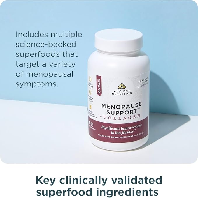 Ancient Nutrition Menopause Support + Collagen Supplement, Hydrolyzed Collagen Peptides, Key Clinically Validated Superfoods, Significant Improvement in Hot Flashes and Sleep Quality, 60 Capsules