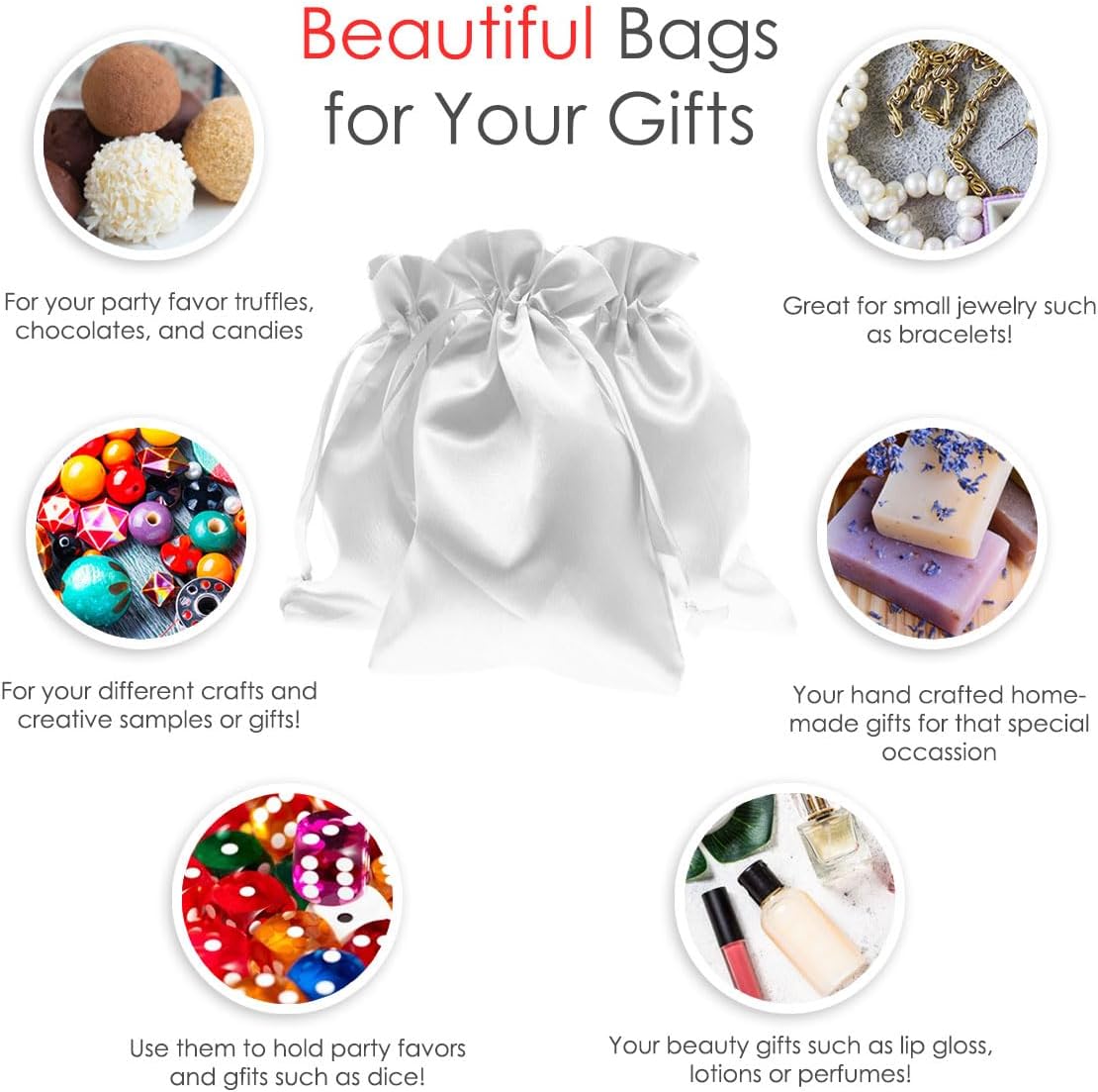 3" x 4" White Satin Gift Bags, Jewelry Bags, Wedding Favor Silky Drawstring Baby Shower Christmas 50 per Pack