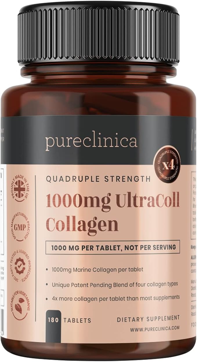 pureclinica UltraColl Marine Collagen 1000mg x 360 Tablets (2 Bottles of 180 Tablets - 6 Months Supply). The only Patented Anti-Aging Collagen Types I, II, III, and VII.