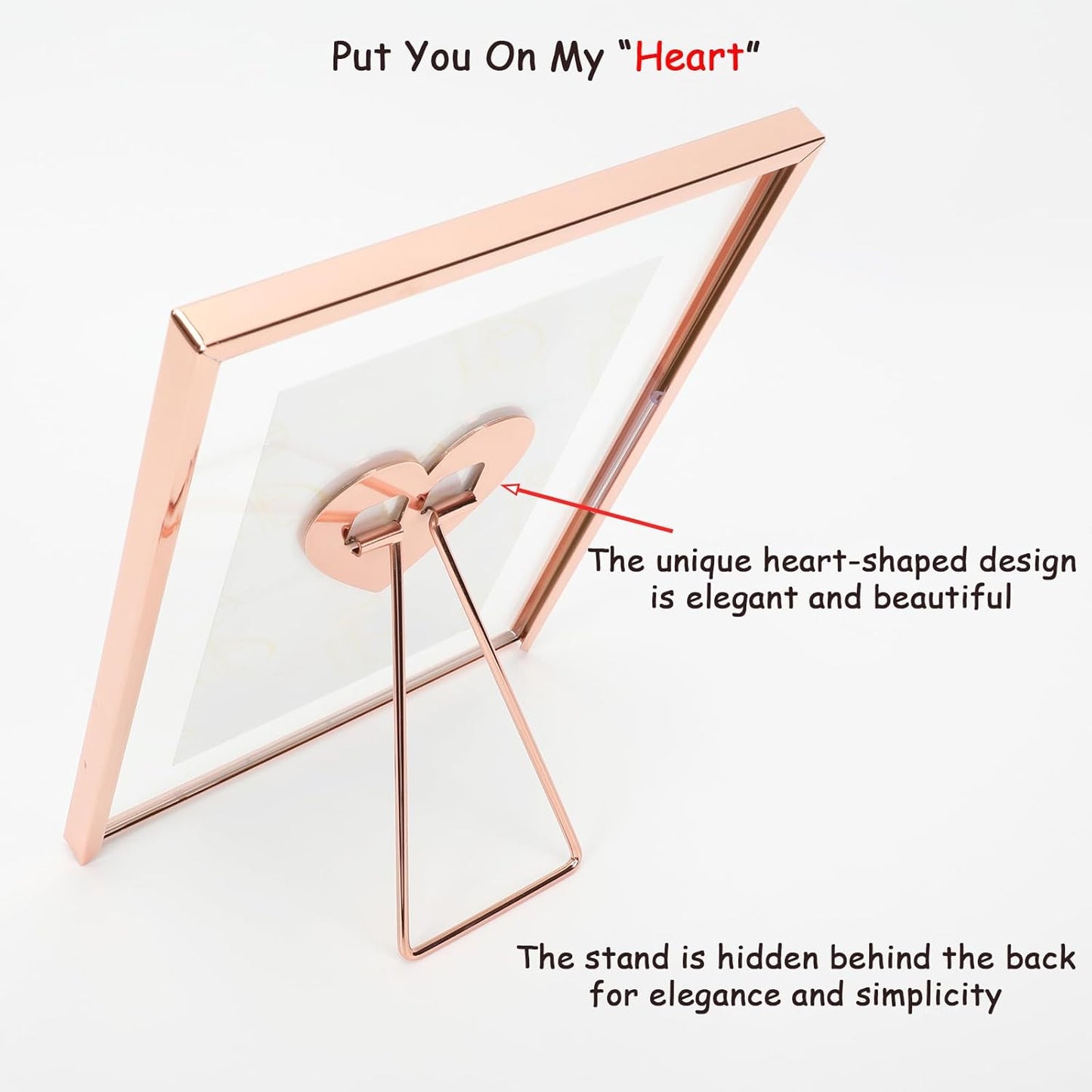 6"x8" Rose Gold Heart Floating Frame, For Picture 5x7,4x6,3x5, Tabletop Shelf Photo Frame, Classy For Thanksgiving, Home or Wedding Decoration