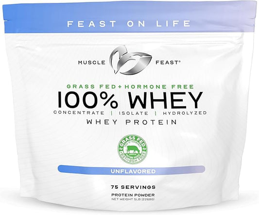 Muscle Feast 100% Grass Fed Whey Protein Powder, All Natural Hormone Free Paure Raised Whey Protein Powder for Women & Men- Whey Concentrate, Isolate & Hydrolyzed Protein Powder Blend- Unflavored, 5lb