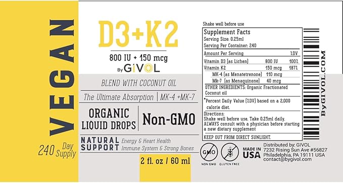 Vitamin D3 + K2 Liquid Drops (MK4 & MK7) Organic Fractionated Coconut Oil, Plant-Based, Gluten-Free, Dairy-Free, Soy-Free, Nut-Free - High Potency, Derived from Lichen & Natto, 2oz 240 Days Supply