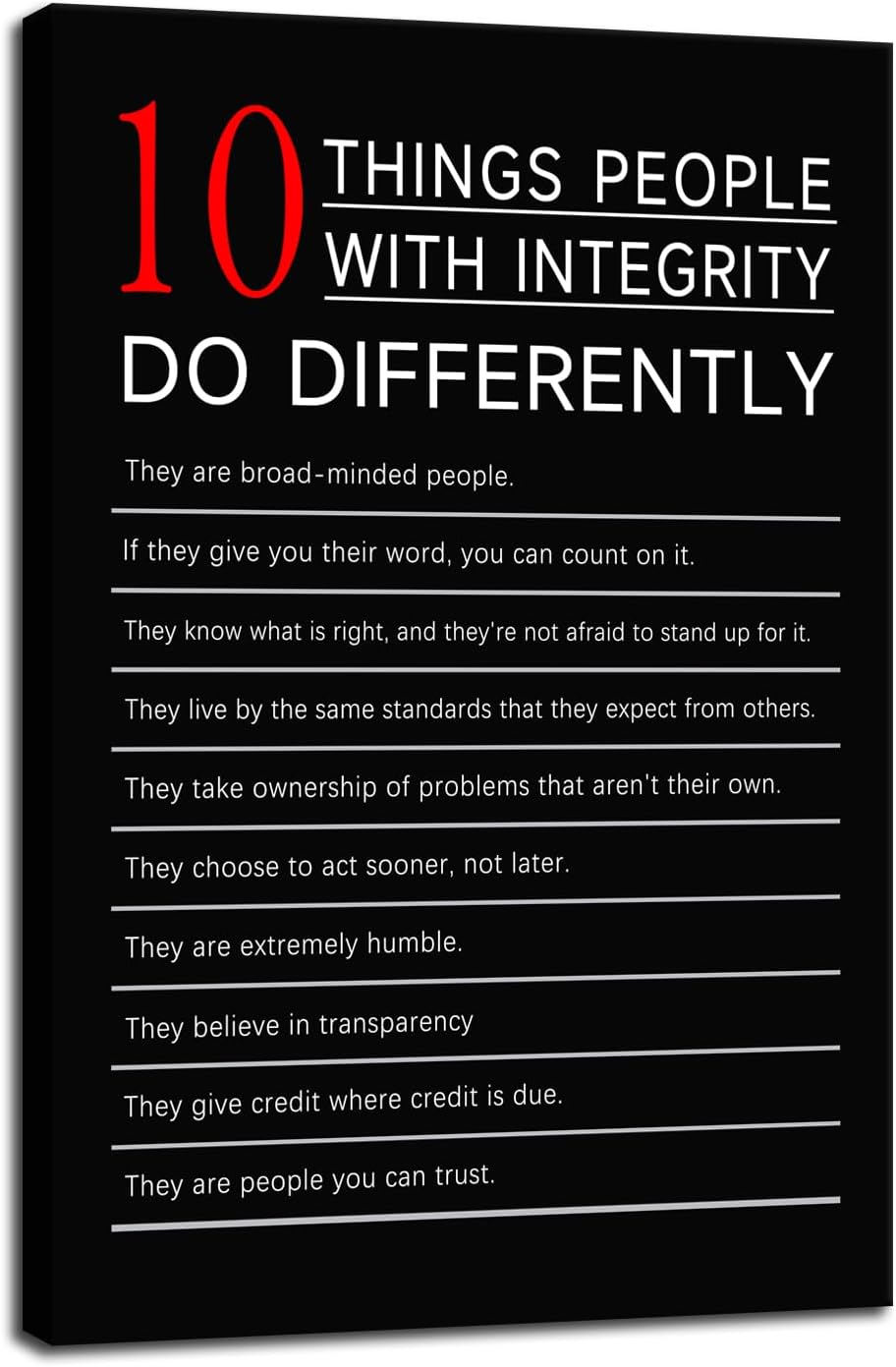10 Thing People with integrity do Differently Inspirational Canvas Wall Art Motivational Wall Decor Poster Prints Framed for Classroom Modern Home Wall Decor Framed Ready to Hang [12''W X 18''H]