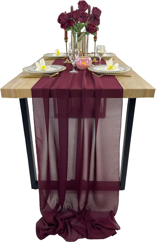 EHLDekol 10ft Chiffon Table Runners 29x120 inches Romantic Sheer Wedding Table Runner Top Table Bridal Party Decoration (Burgundy, 10ft)