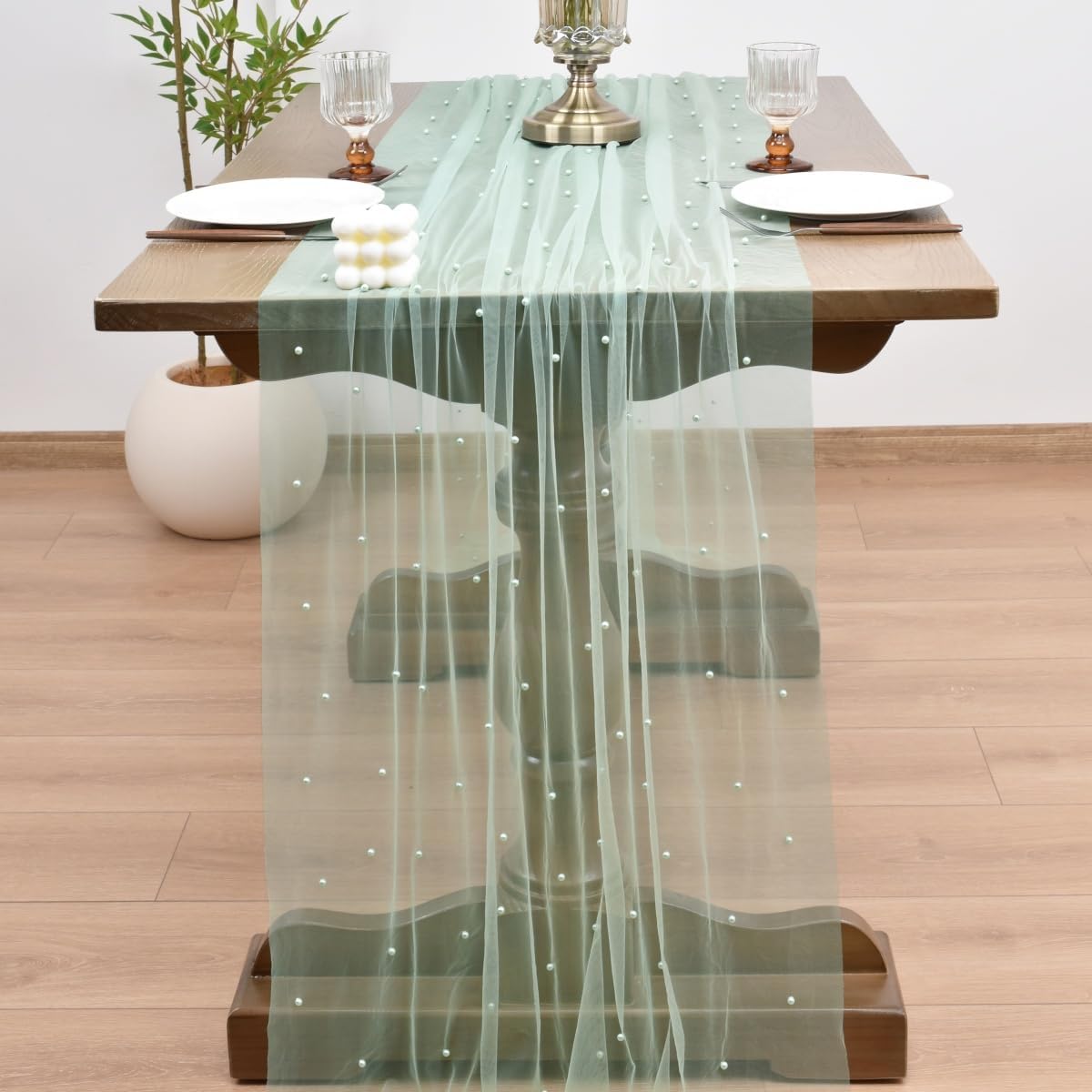 Joanlody Fall Pearl Table Runner 10ft Rustic Boho Tulle Table Runner with Pearls for Baby Shower Wedding Party Veil Dessert Thanksgiving Table Decor Sage Green