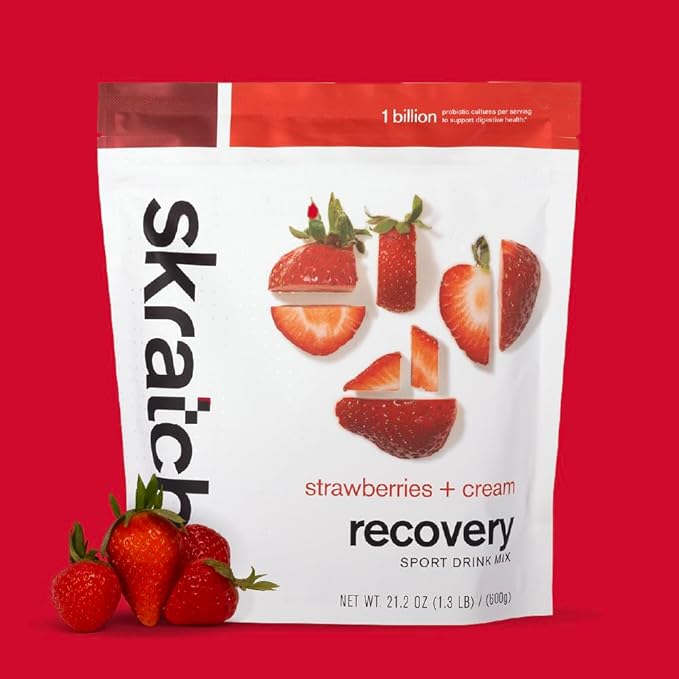 SKRATCH LABS Recovery- Sport Drink Mix | Complete Milk Protein with Carbs, Electrolytes, and Probiotics | Post Workout Powder | Strawberries + Cream