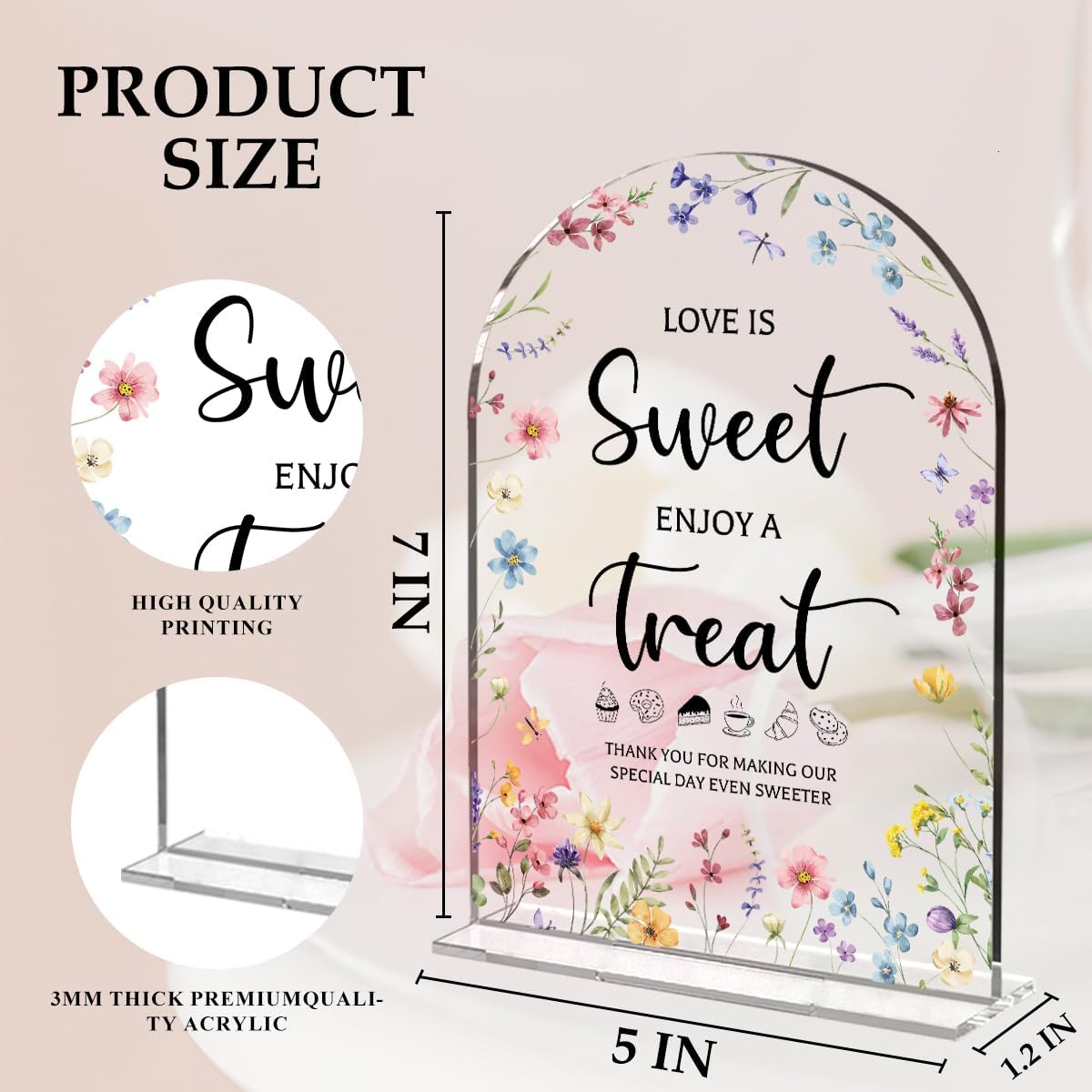 Wedding Signs Decor, Love is Sweet Sign for Dessert Table, Wedding Supplies 5x7 Inch, Wedding Signs for Ceremony And Reception, Arch Acrylic Table Sign for Anniversary, Bridal Shower Decor (Flower)