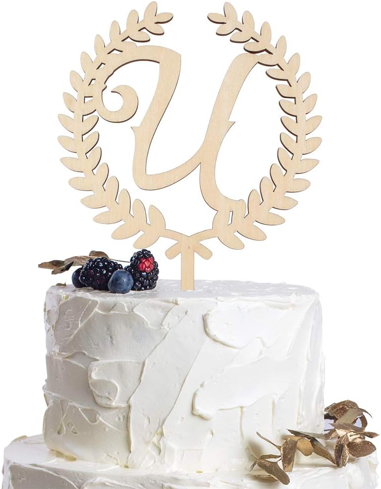 LINGTEER Personalized Inital Letter U Wooden Cake Topper Perfect for Birthday Rustic Wedding Anniversary Keepsake Party Decoration.