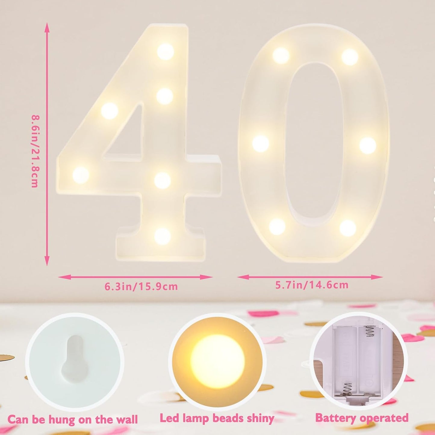Decorative Led Light Up Numbers, 40th Birthday Decorations, Warm White Led Numbers Lights, Lighted Marquee Number Sign for Sweet 40th Party Decor