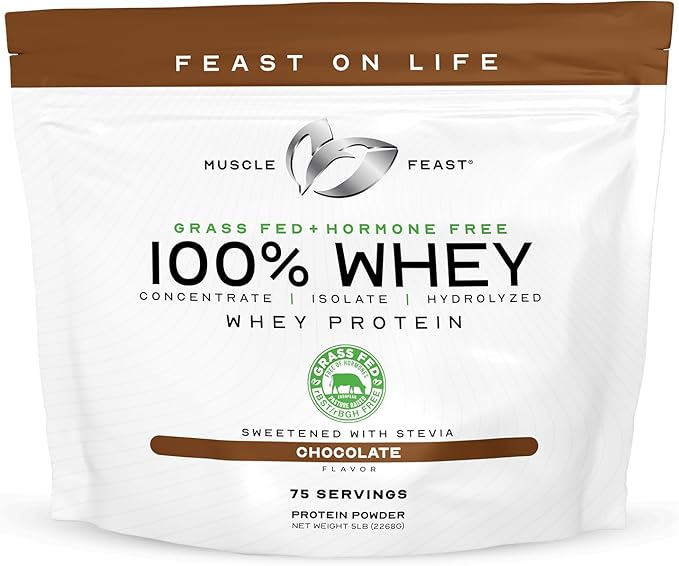 Muscle Feast 100% Grass Fed Whey Protein Powder, All Natural Hormone Free Paure Raised Whey Protein Powder for Women & Men- Whey Concentrate, Isolate & Hydrolyzed Protein Powder Blend - Chocolate, 5lb