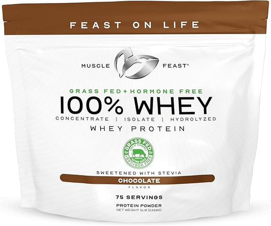 Muscle Feast 100% Grass Fed Whey Protein Powder, All Natural Hormone Free Paure Raised Whey Protein Powder for Women & Men- Whey Concentrate, Isolate & Hydrolyzed Protein Powder Blend - Chocolate, 5lb