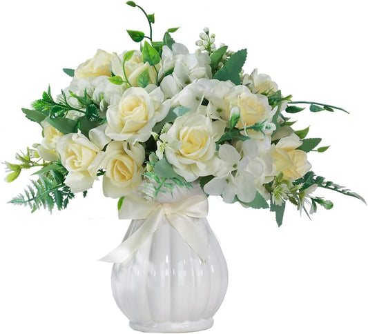 LESING Artificial Rose Silk Hydrangea Flowers Bouquets with Vase Rustic Fake Flowers for Home Decoration Table Centerpiece (White)