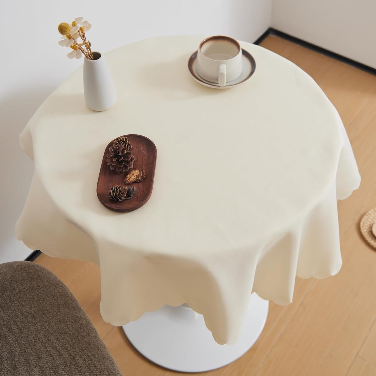 Small Round Beige Tablecloth 36 Inch Polyester Fabric Washable Table Cover Decorative Wrinkle Resistant Solid Color Table Cloth for Dining Party Wedding Camping