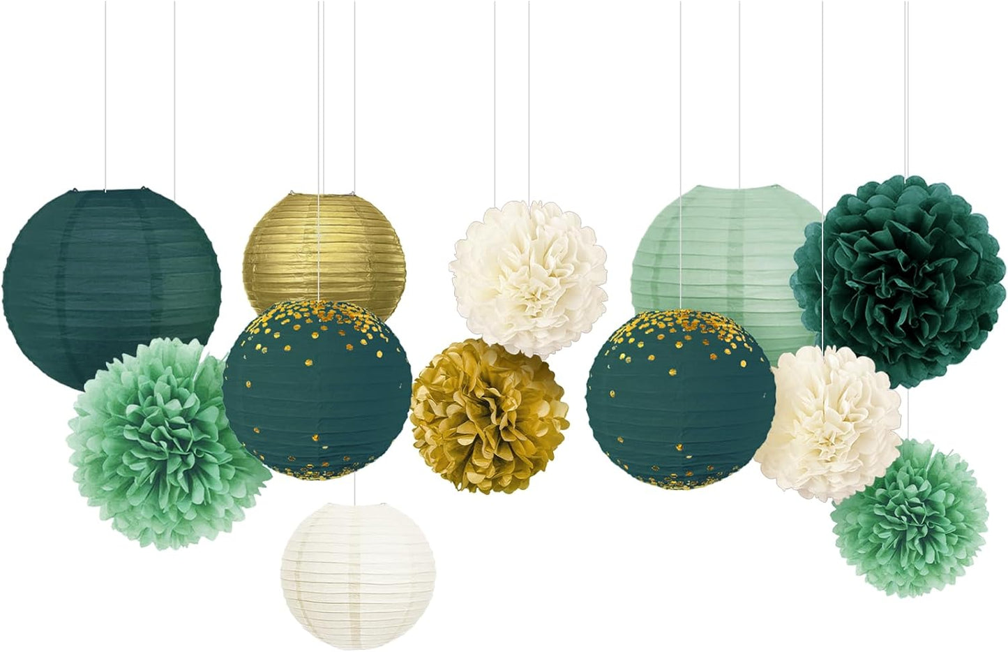 NICROLANDEE Wedding Decorations, 12PCS Hanging Paper Lanterns Tissue Pom Poms Emerald Green Backdrop Decor for Bridal Shower Birthday Baby Shower Green Theme Party Supplies