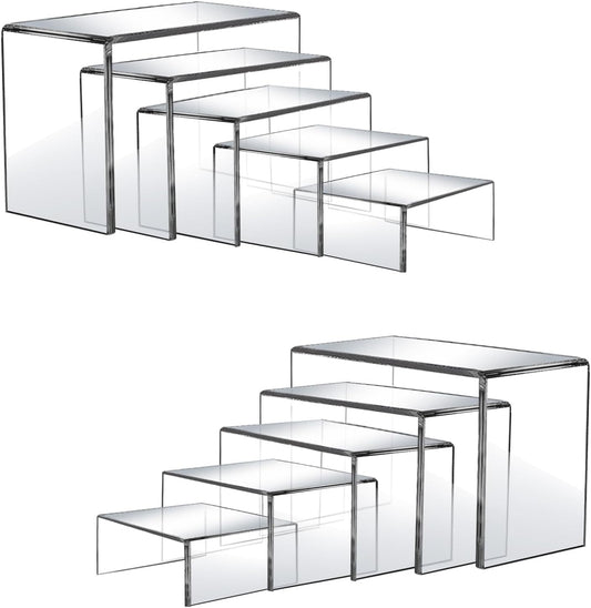 10 Pcs Acrylic Display Risers, 2 Sets Small Size Acrylic Risers Display Stands, 0.15" Thick Clear Shelf Riser, Risers Display Stands for Dessert, Candy, Figure, Perfume, Jewelry Showcase