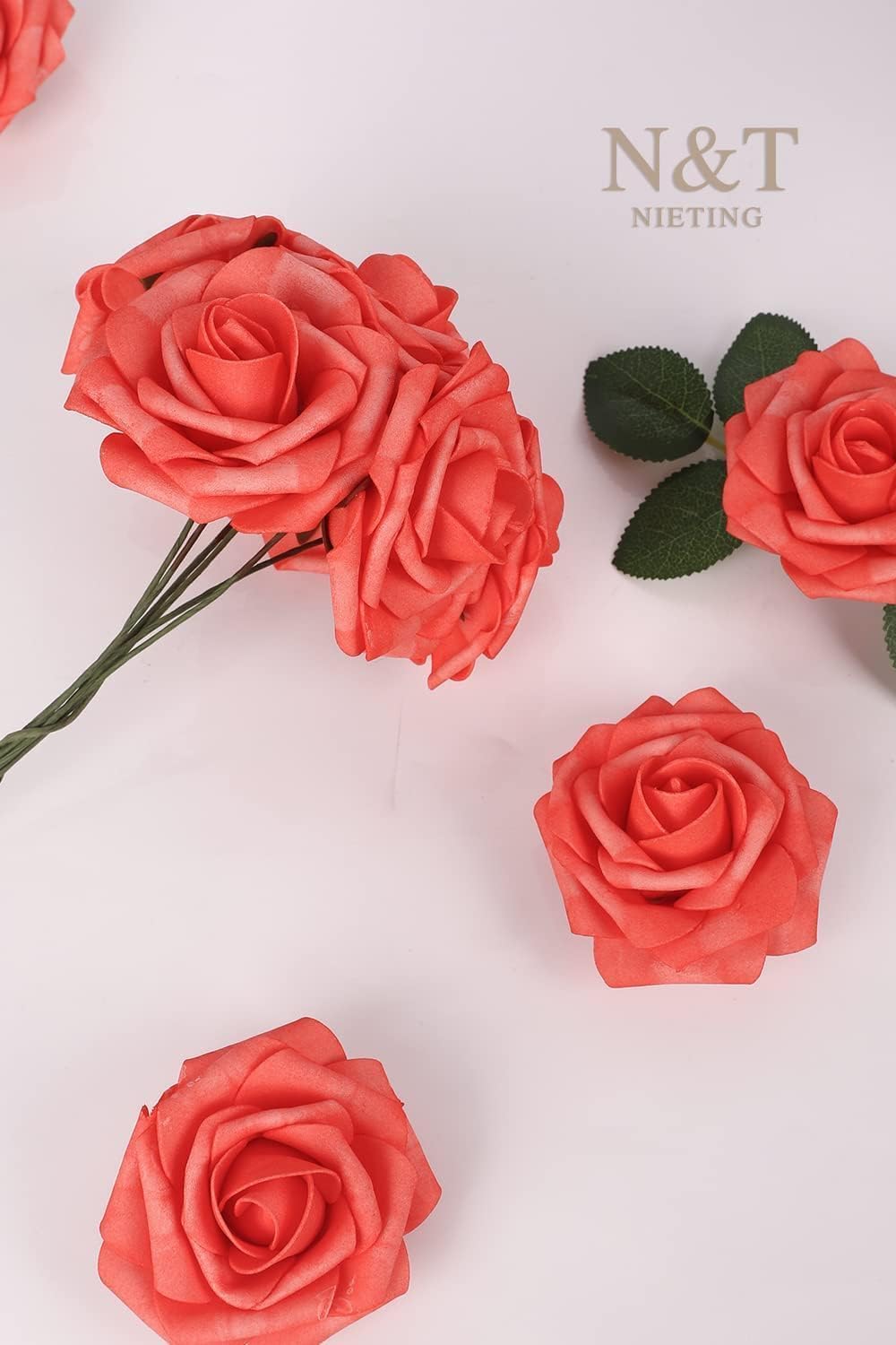 N&T NIETING Artificial Flowers 25pcs Real Looking Coral Foam Fake Roses with Stems for DIY Wedding Bouquets Bridal Shower Centerpieces Floral Arrangements Party Tables Home Decorations