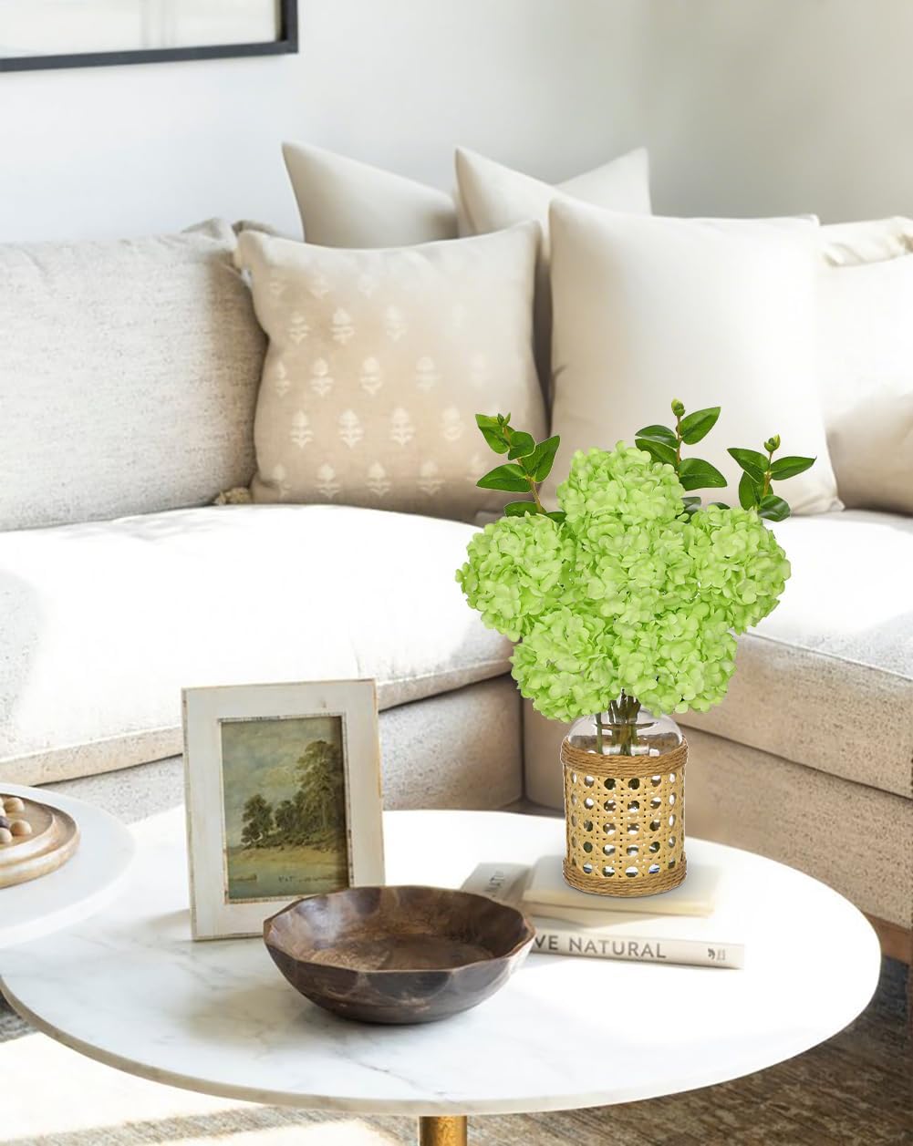 Hollyone Green Hydrangea Artificial Flowers in Woven Glass Vase with Faux Water Silk Hydrangeas Fake Flowers Floral Arrangement for Home Indoor Bathroom Kitchen Office Table Centerpiece Shelf Decor