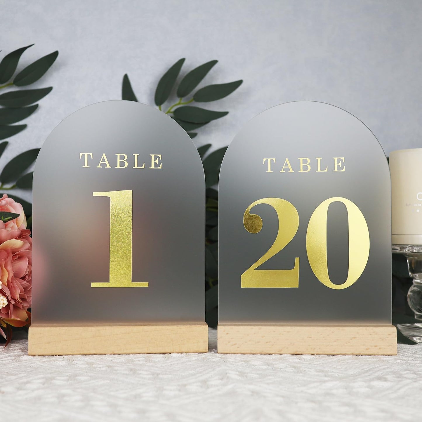 Wedding Table Numbers 1-20, Acrylic Arch Signs with Natural Wood Stands Holders, Rustic Table Decor for Reception & Parties (Frosted Gold)