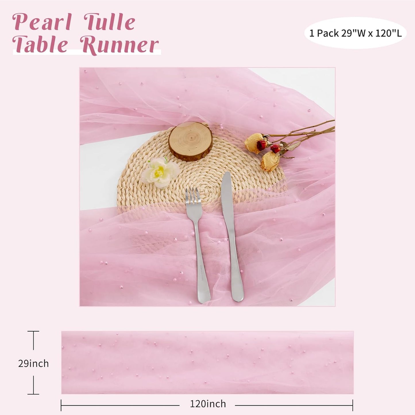 Pearl Table Runner 29 x 120 Inch Tulle Fabric Lace Table Runners Boho Rustic Tablecloth for Bridal Shower Birthday Party Wedding Arch Aisle Veil Dessert Table Decor(1 Pack, Pink)