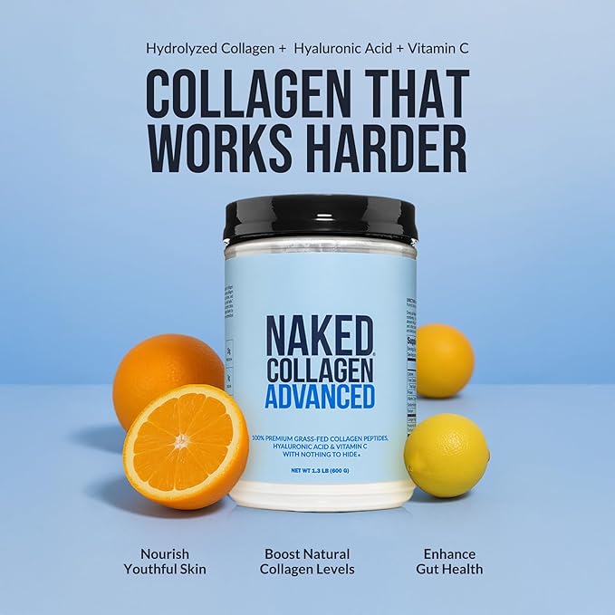 NAKED Collagen Advanced - Peptides Protein Powder, Hyaluronic Acid, Vitamin C, Pasture-Raised, Grass-Fed Hydrolyzed Collagen Supplement, Paleo Friendly, Non-GMO, Keto, Gluten Free, 21oz - 30 Servings