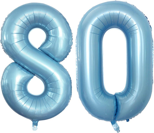 GOER Number 80 Balloons for 80th Birthday Party Decorations,42 Inch Jumbo Foil Helium Balloons for 80th Anniversary (Light Blue)