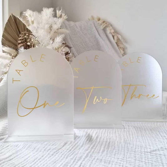 JINMURY Frosted Arch Wedding Table Numbers 1-20 with Stands, 5x7 Inch Acrylic Arch Sign with Golden Lettering, Frosted Acrylic Table Numbers for Wedding Reception