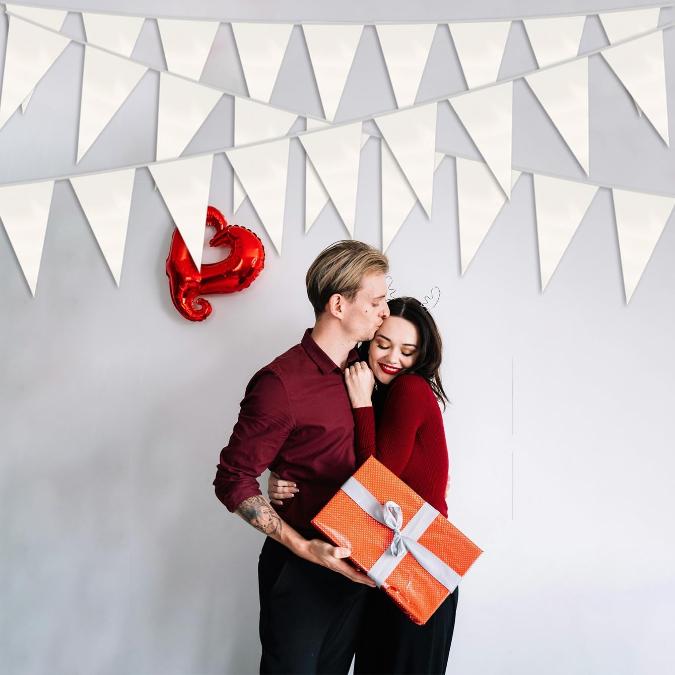 40M/130FT White Triangle Pennant Banner Flag Metallic Fabric Bunting Garland for Christmas Graduation Wedding Engagement Anniversary Bachelorette Birthday Bridal Shower Valentines Hen Party Supplies