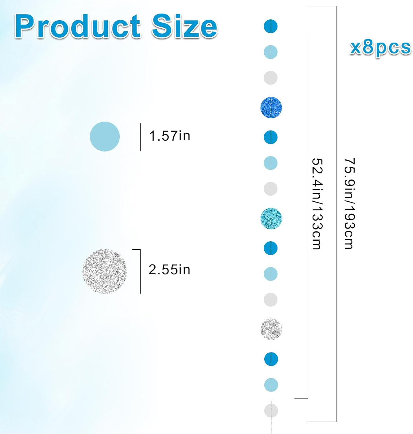 8 Pack Blue Glitter Dot Garland, Hanging Circle Streamers Banner, Backdrop Hanging Decorations for Baby Showers, Weddings, Birthday Parties, Winter Celebrations, and Holiday Decorations