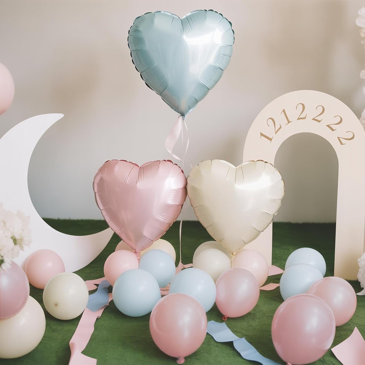 Pale Dusty Pink and Blue Balloons 18 Inch Heart Balloon *4, Pastel Dusty Blue Pink Cream White Gender Reveal Decorations for Baby Shower Boy Girl Neutral Heart Mylar Shape Foil Balloons as Boho Decor