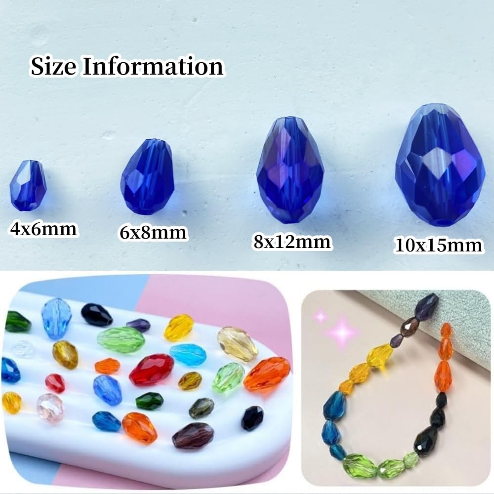 200pcs 4x6mm Teardrop Crystal Glass Beads Vertical Hole Faceted Glass Teardrop Spacer Beads for Bracelets Necklace Earring DIY Jewelry Making Craft(Blue AB)