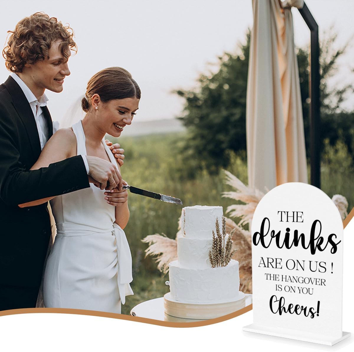 The Drinks are on Us Sign, Open Bar Signs, Wedding Engagement Bridal Shower Party Decor for Reception Ceremony, Weddings Table White Acrylic Sign