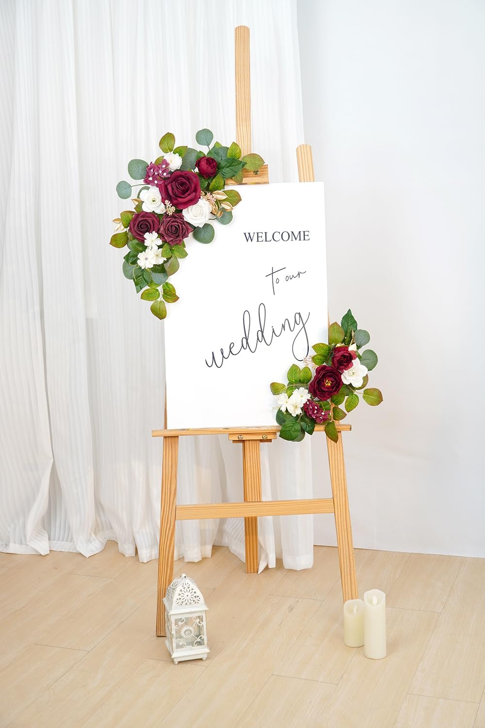 WEIERYUE(Pack of 2 Artificial Flowers Decorations,Artificial Arch Backdrop Garlandfor Ceremony Party Reception Entrance Welcome Easel Door Floral Decor Wall Home Entryway Outdoor(Wine red)