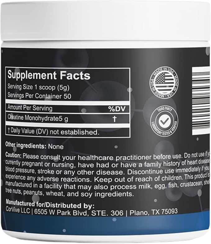 Creatine Monohydrate - Pure & Unflavored Creatine Powder - Vegan, Gluten Free, No Additives, Non-GMO - Easy-Mix Formula for Strength & Performance Support - 5 g per Serving - 50 Servings