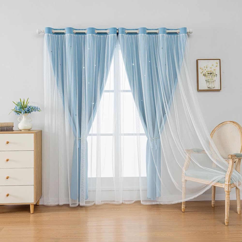 FANLI 2 Panels Star Blackout Curtains for Kid Girls Bedroom Living Room Darking Stripe Double Layer Star Cut Out Wall Home Decor Gradient Grommet Window Curtains (Blue 63L)