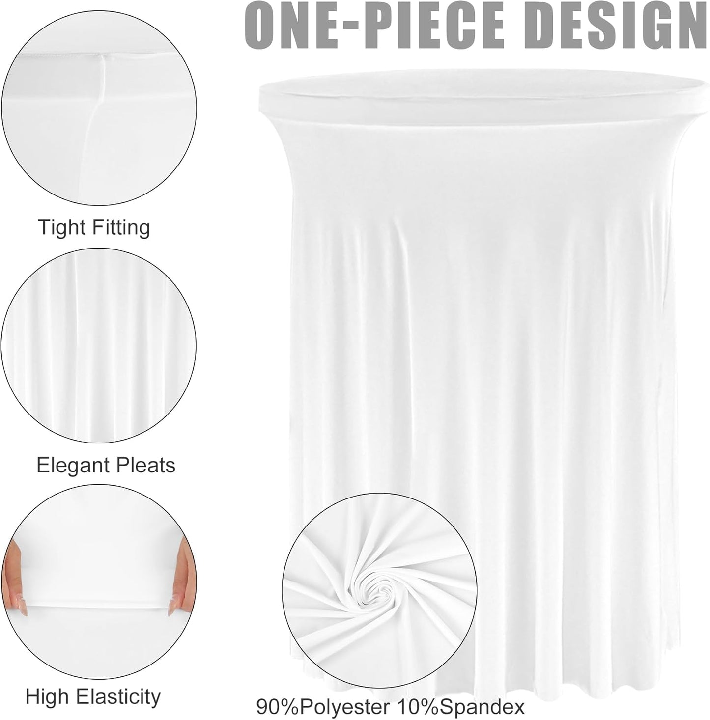 Fivenl 2 Pack Spandex Cocktail Table Skirt 32"x 43" White Stretch Cocktail Table Cover, Washable Round High Top Tablecloth for Bar, Wedding, Party, Events (White)