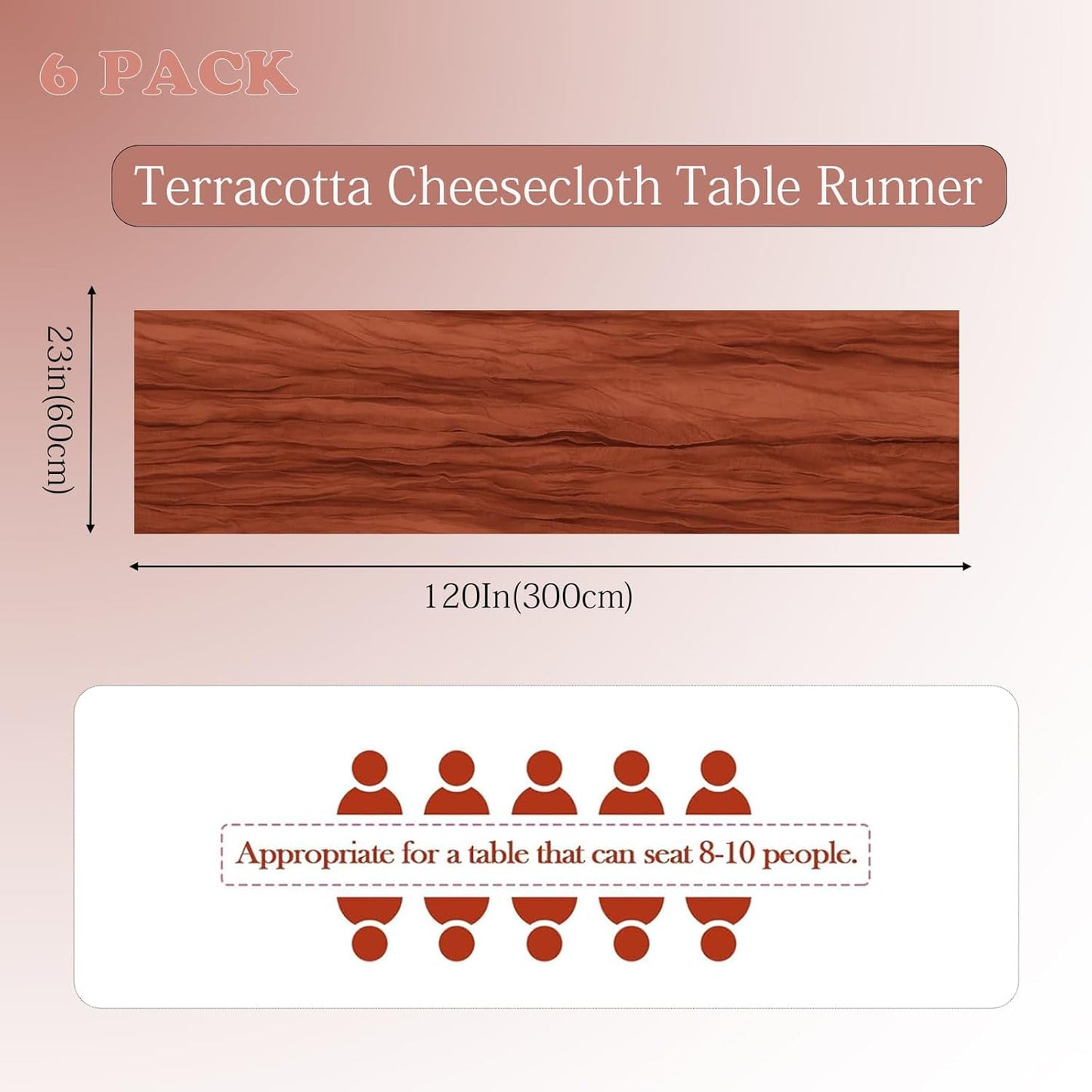 6 Pack Terracotta Cheesecloth Table Runner 23x120 inch Rustic Boho Gauze Table Runner 10 FT Long Sheer Cheese Cloth Fabric Table Runners for Romantic Wedding Bridal Shower Birthday Party Decor