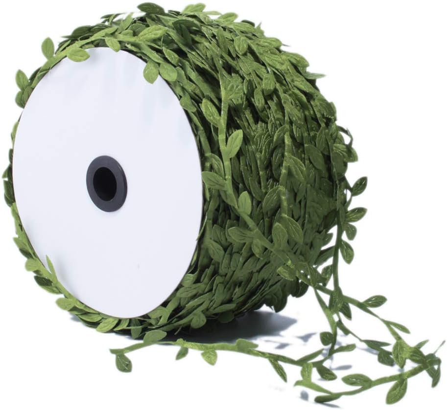 BASOKAN 100 Yards - Olive Green Leaves Leaf Ribbon Trim Rope for Garland DIY Crafts and Party Wedding Home Decorations