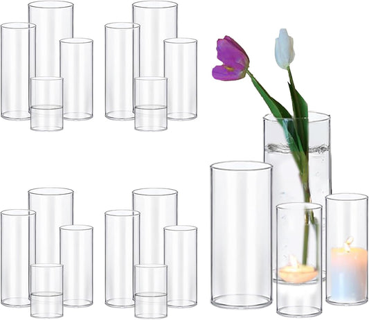 PHOSPHOR 16 PCS Glass Candle Holder, Hurricane Candle Hoder, Glass Pillar Candle Holder, Clear Cylinder Candleholder Cylinder Vase for Centerpieces Wedding Party Decoration